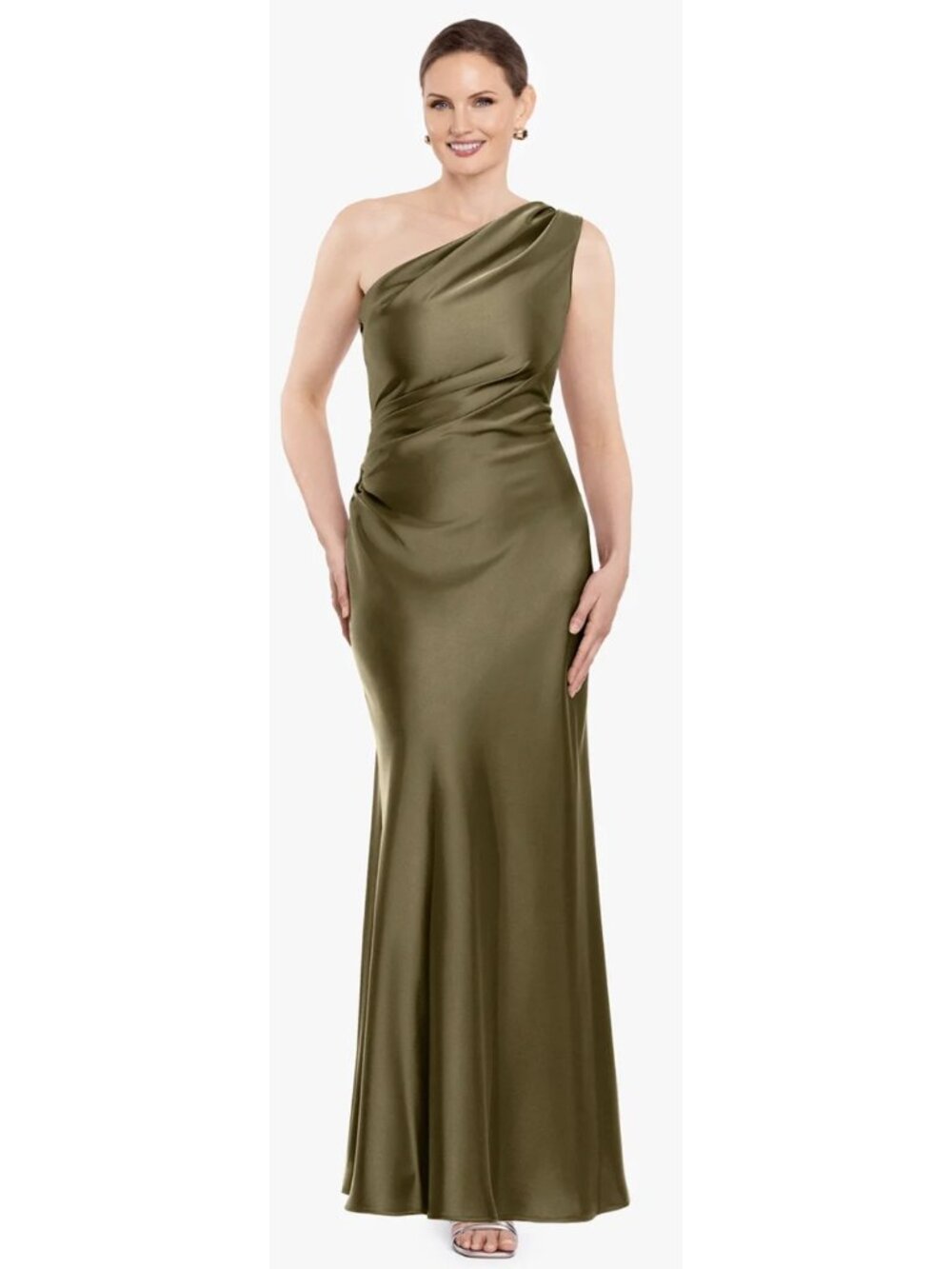 Petite "Magnolia" Satin One Shoulder Dress, Color: Olive, Size: 4P